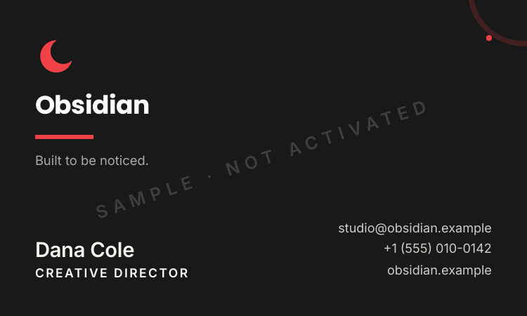 Obsidian business card, front — generated by the Emblory engine